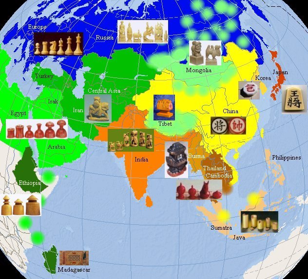 A map of Europe, Africa and Asia coloured by the chess variant traditionally played in each region, with a photo of that region's pieces.